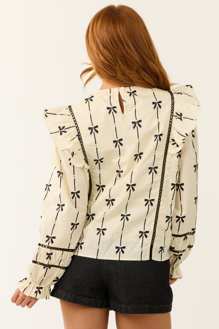 Cream Bow Print Long Sleeve Top