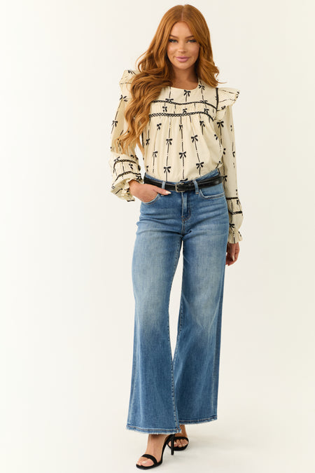 Cream Bow Print Long Sleeve Top