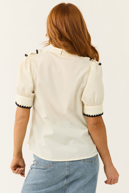 Cream Button Down Ruffle Short Puff Sleeve Top