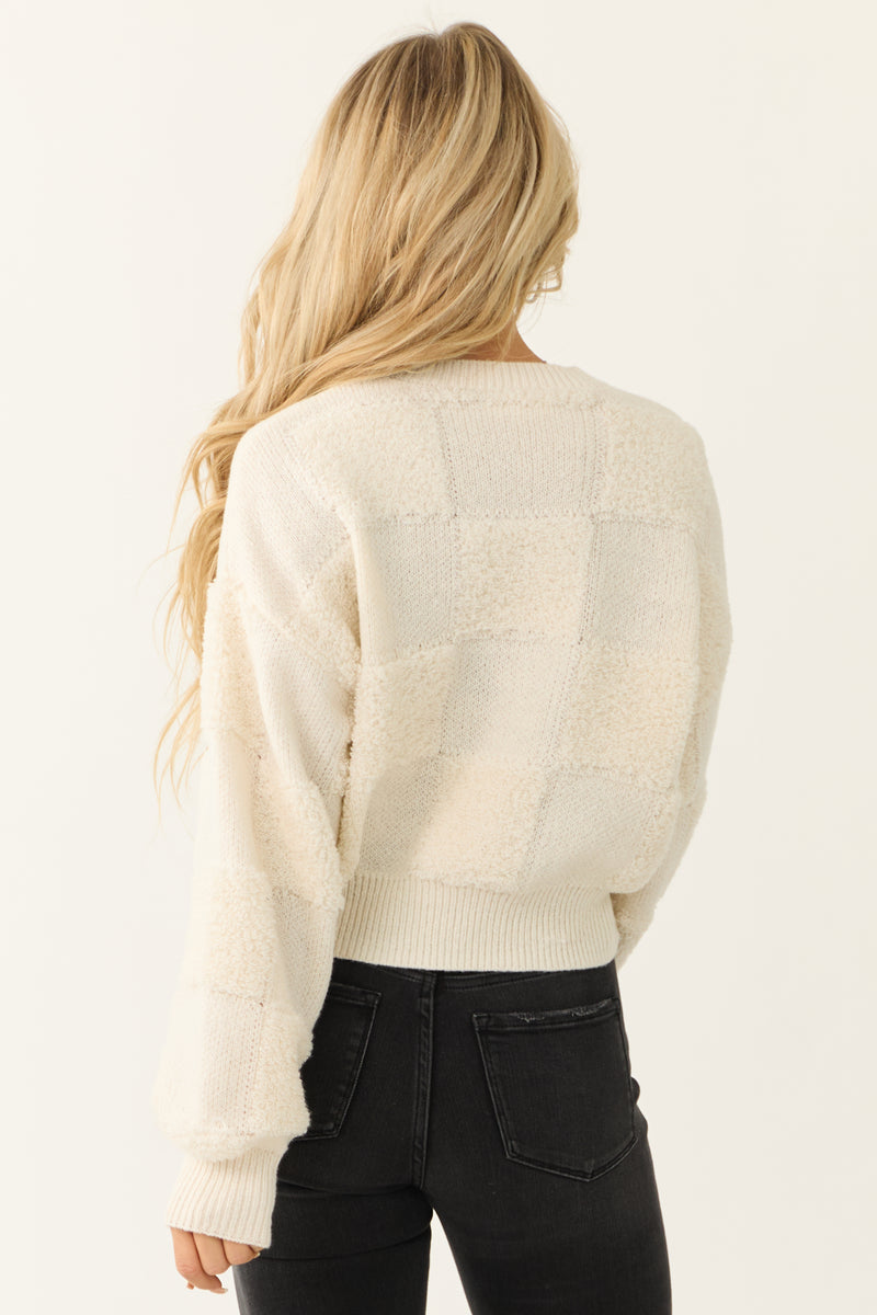 Cream Checkered Textured Knit Sweater