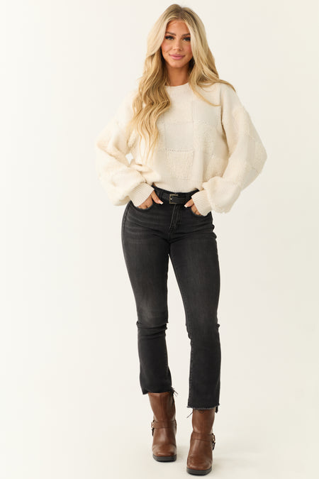 Cream Checkered Textured Knit Sweater