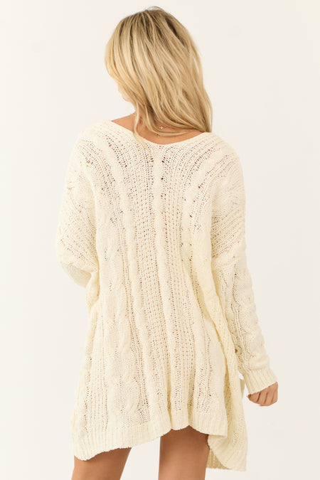 Cream Chenille Open Front Cable Knit Cardigan