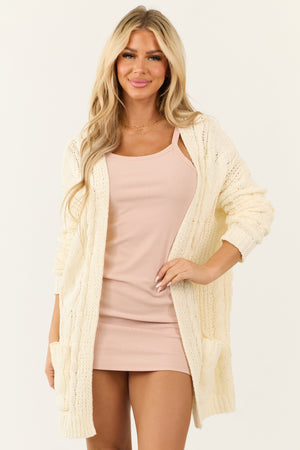 Cream Chenille Open Front Cable Knit Cardigan