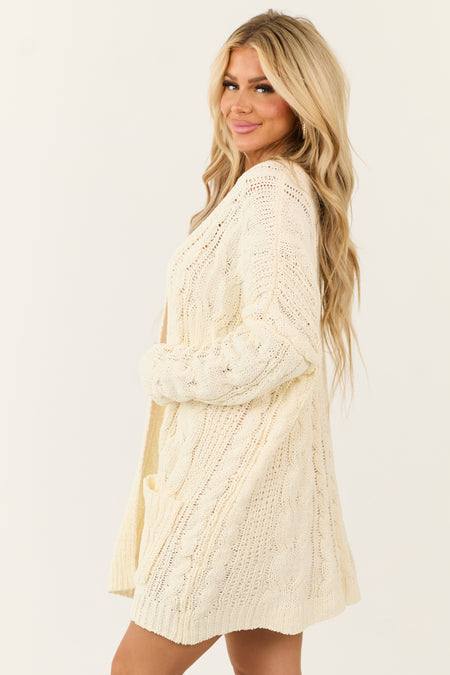 Cream Chenille Open Front Cable Knit Cardigan