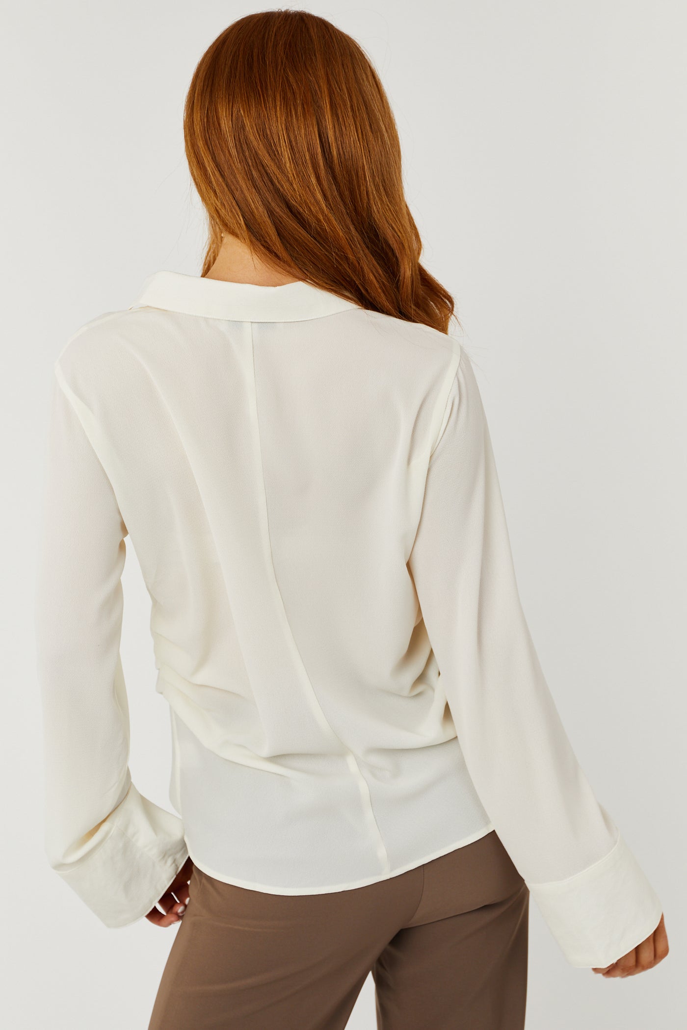 Cream Chest Pocket Ruched Side Button Up Shirt