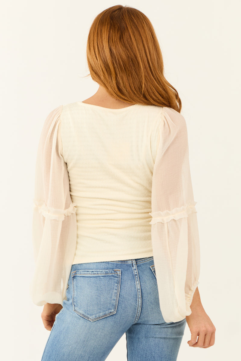 Cream Chiffon Long Balloon Sleeve Smocked Top