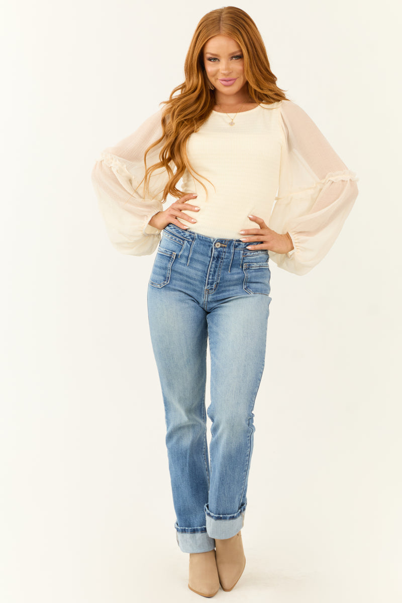 Cream Chiffon Long Balloon Sleeve Smocked Top