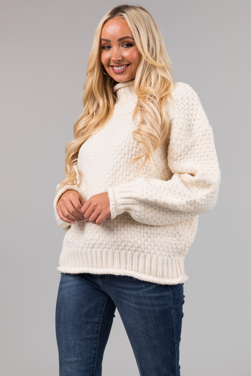 Cream Chunky Knit Mock Neck Cozy Sweater