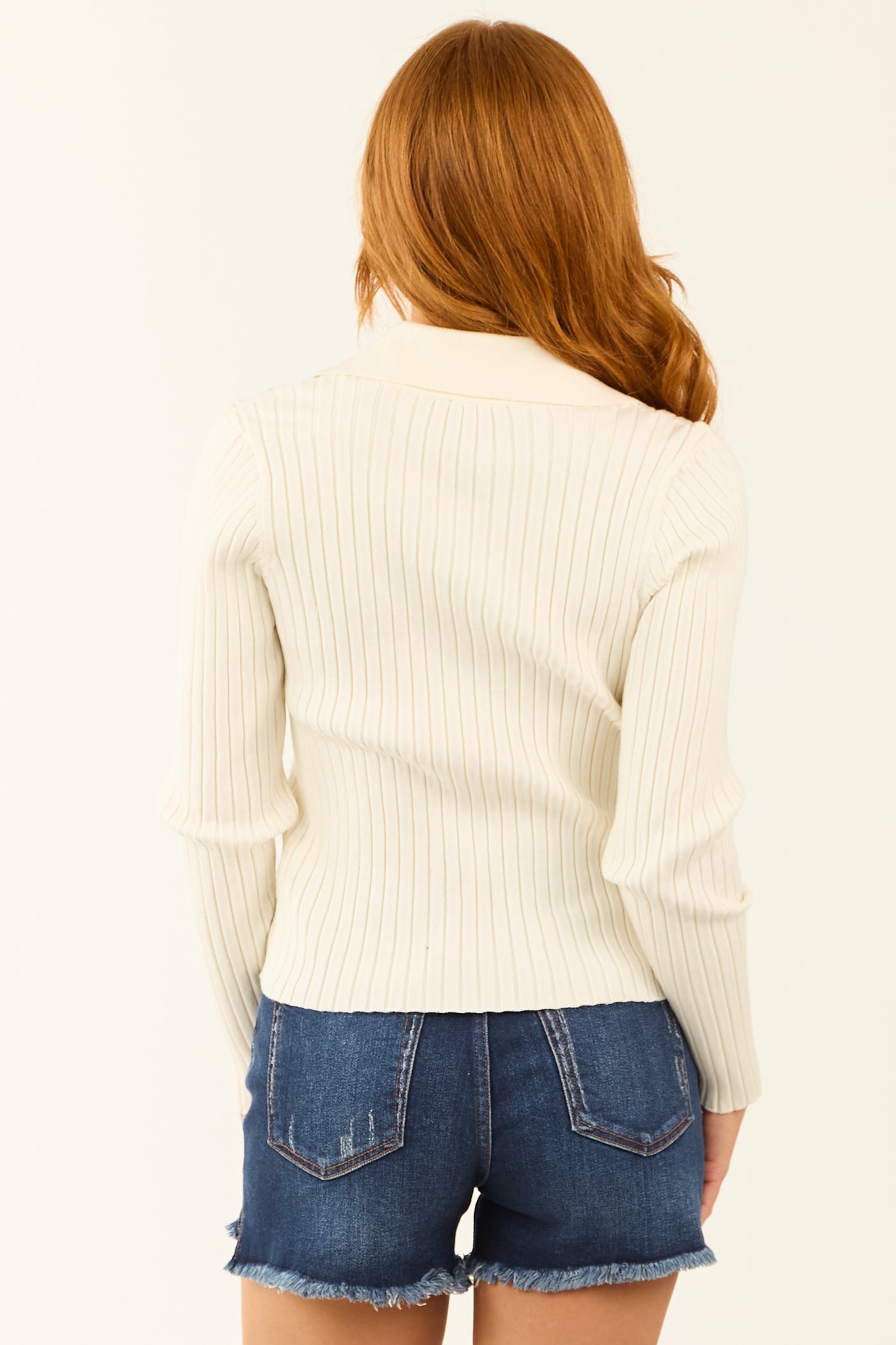 Cream Collared Ribbed Knit Long Sleeve Sweater