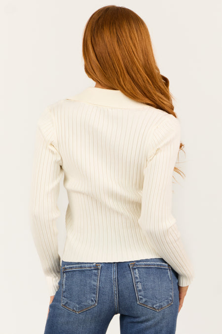 Cream Collared Ribbed Knit Long Sleeve Sweater