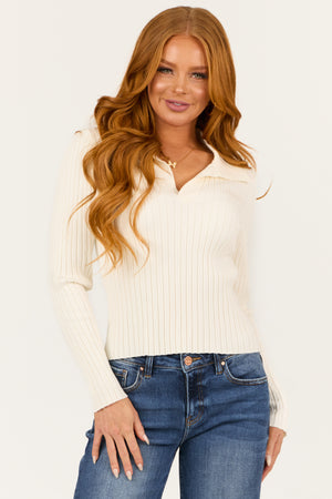 Cream Collared Ribbed Knit Long Sleeve Sweater