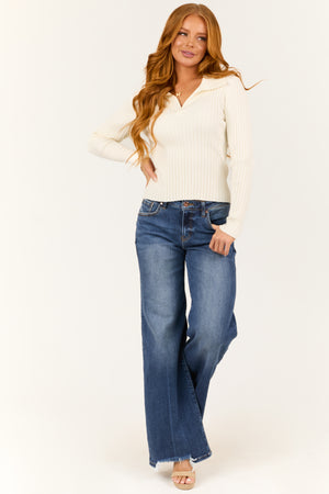 Cream Collared Ribbed Knit Long Sleeve Sweater