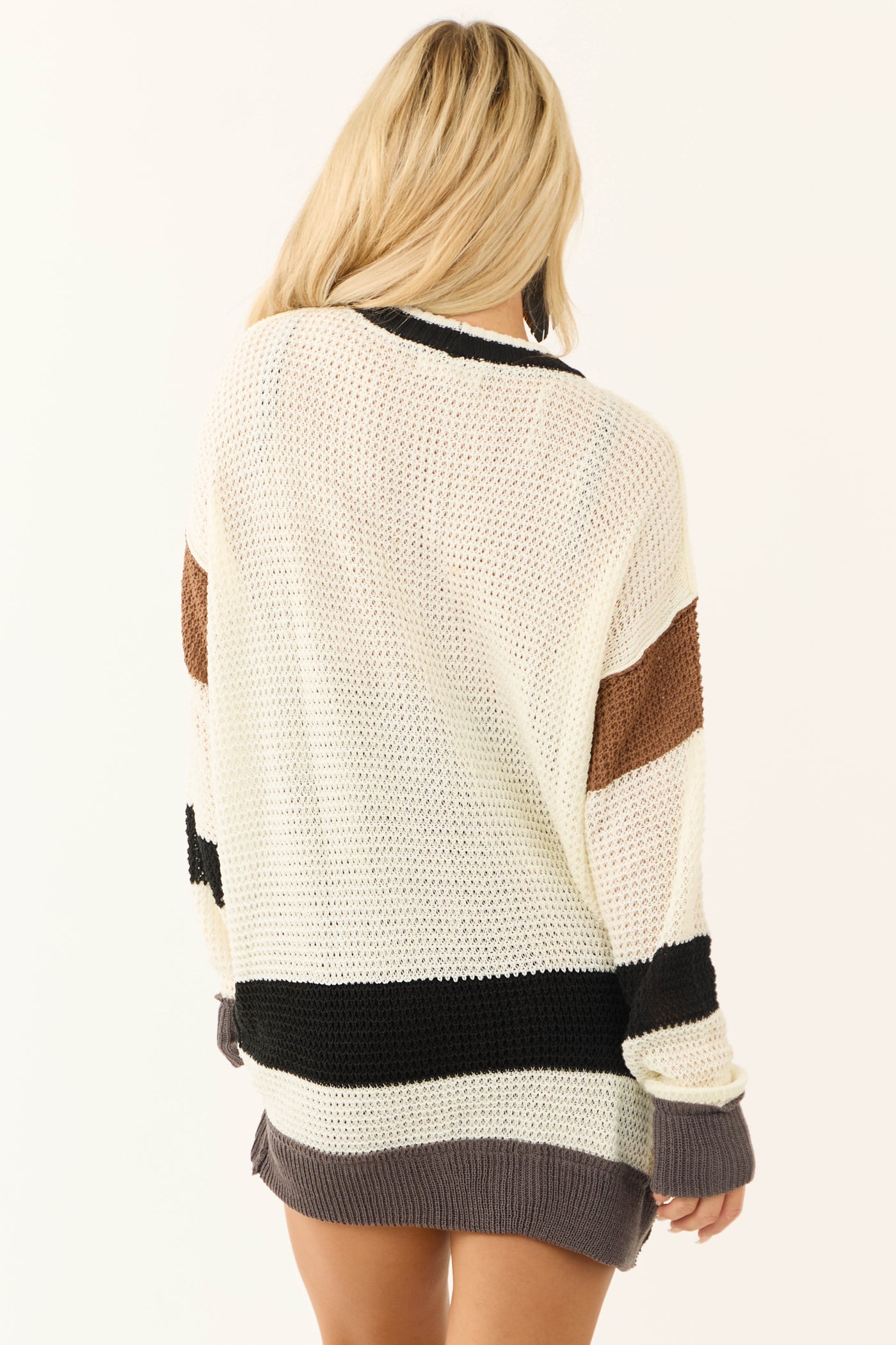 Cream Colorblock Button Down Knit Cardigan