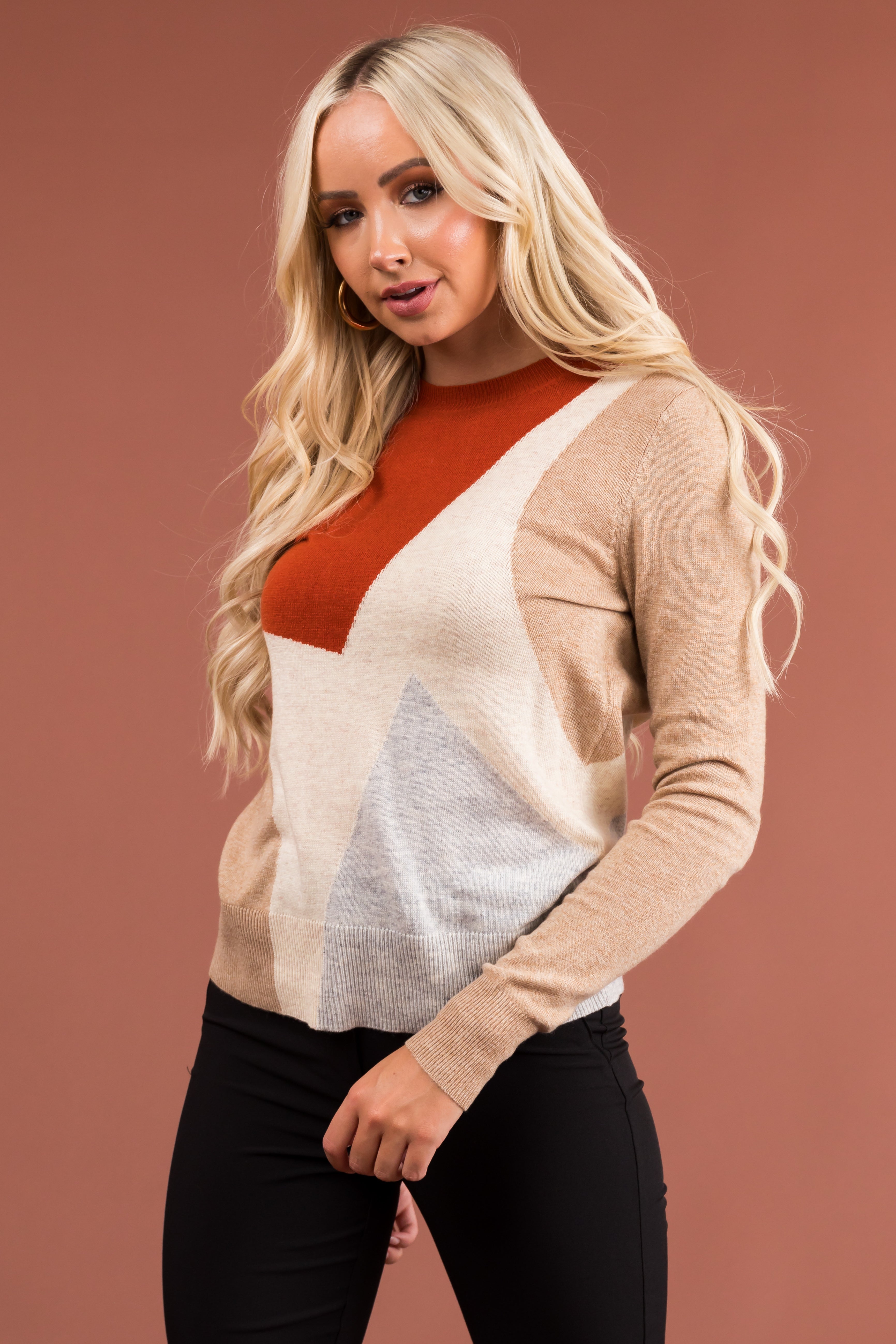 Cream Colorblock Long Sleeve Knit Sweater