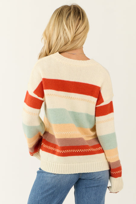 Cream Colorblock Striped Long Sleeve Sweater