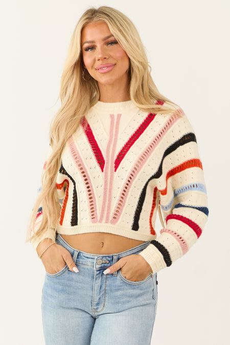 Cream Colorful Stripe Pointelle Knit Sweater