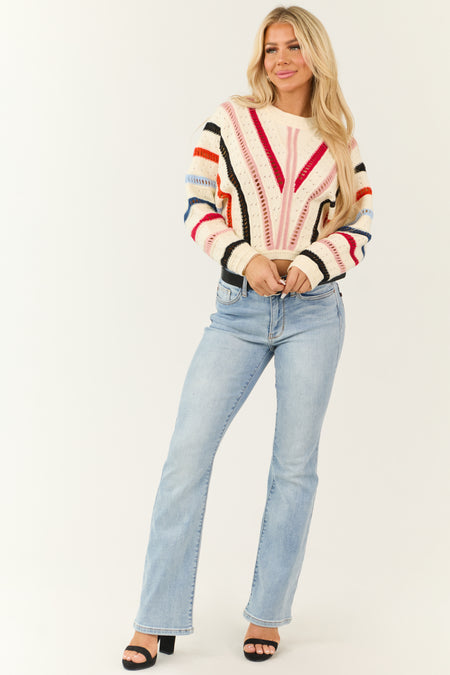 Cream Colorful Stripe Pointelle Knit Sweater