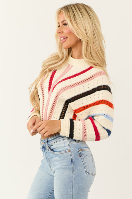 Cream Colorful Stripe Pointelle Knit Sweater