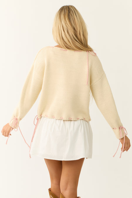 Cream Contrast Cinched Thread Knit Sweater