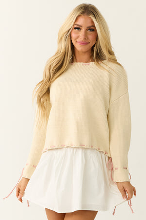 Cream Contrast Cinched Thread Knit Sweater