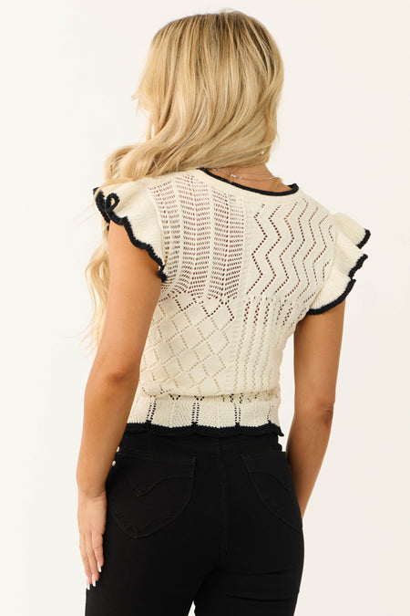 Cream Contrast Pattern Ruffle Sleeve Knit Top