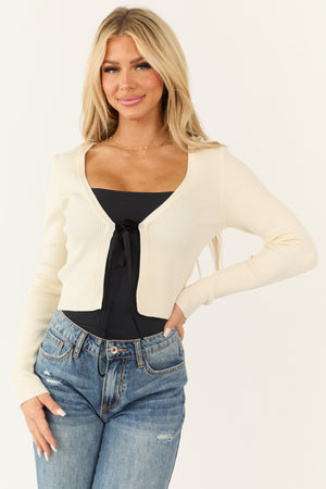 Cream Contrast Ribbon Tie Knit Cardigan