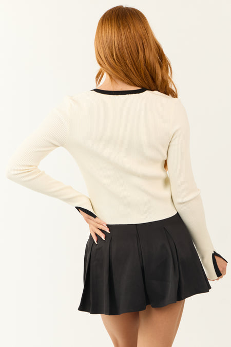 Cream Contrast Trim Knit Long Sleeve Top