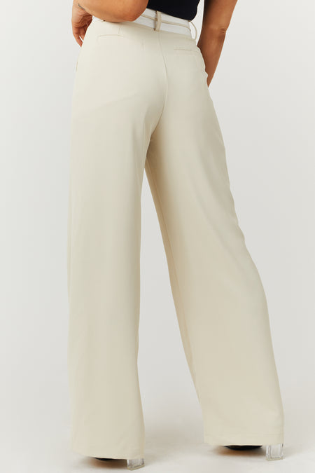 Cream Contrast Waistband Wide Leg Pants