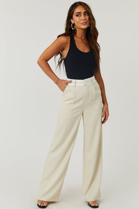 Cream Contrast Waistband Wide Leg Pants