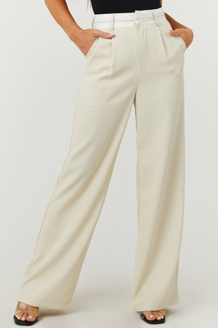 Cream Contrast Waistband Wide Leg Pants