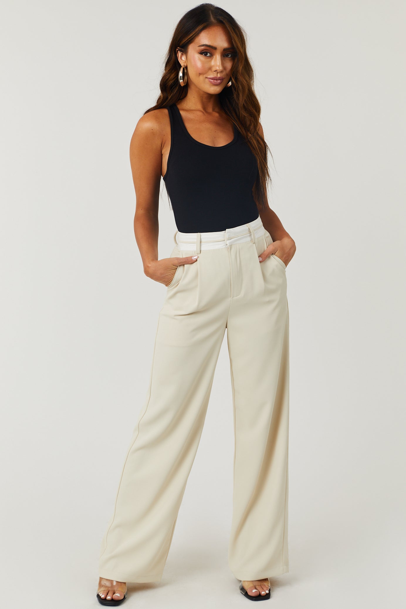 Cream Contrast Waistband Wide Leg Pants