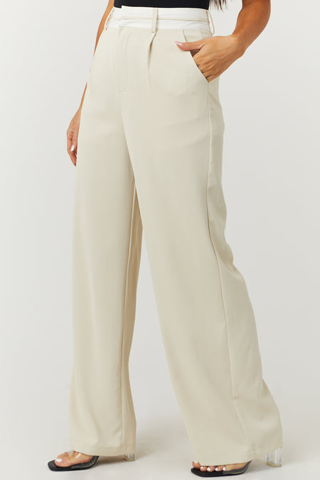 Cream Contrast Waistband Wide Leg Pants