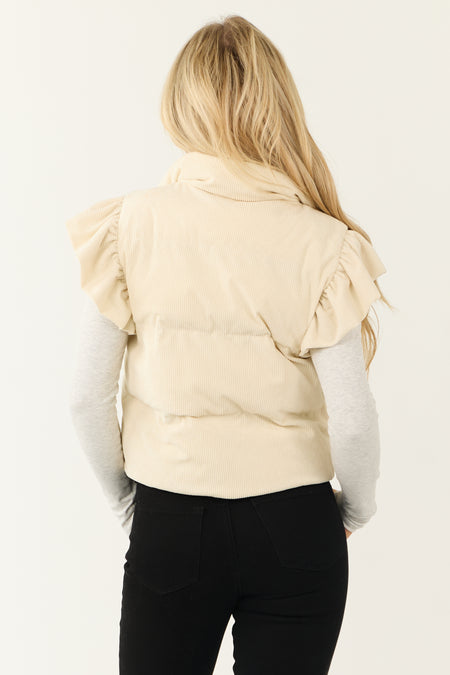 Cream Corduroy Ruffle Sleeve Puffer Vest