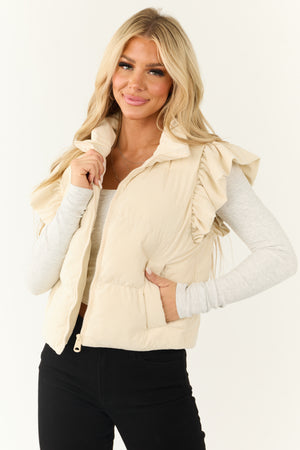 Cream Corduroy Ruffle Sleeve Puffer Vest