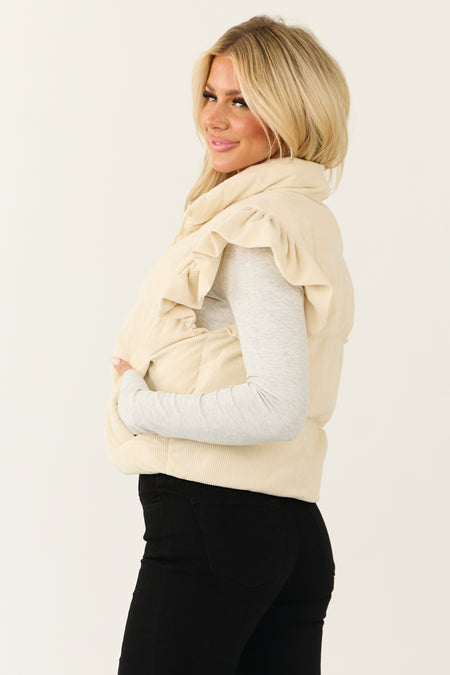 Cream Corduroy Ruffle Sleeve Puffer Vest