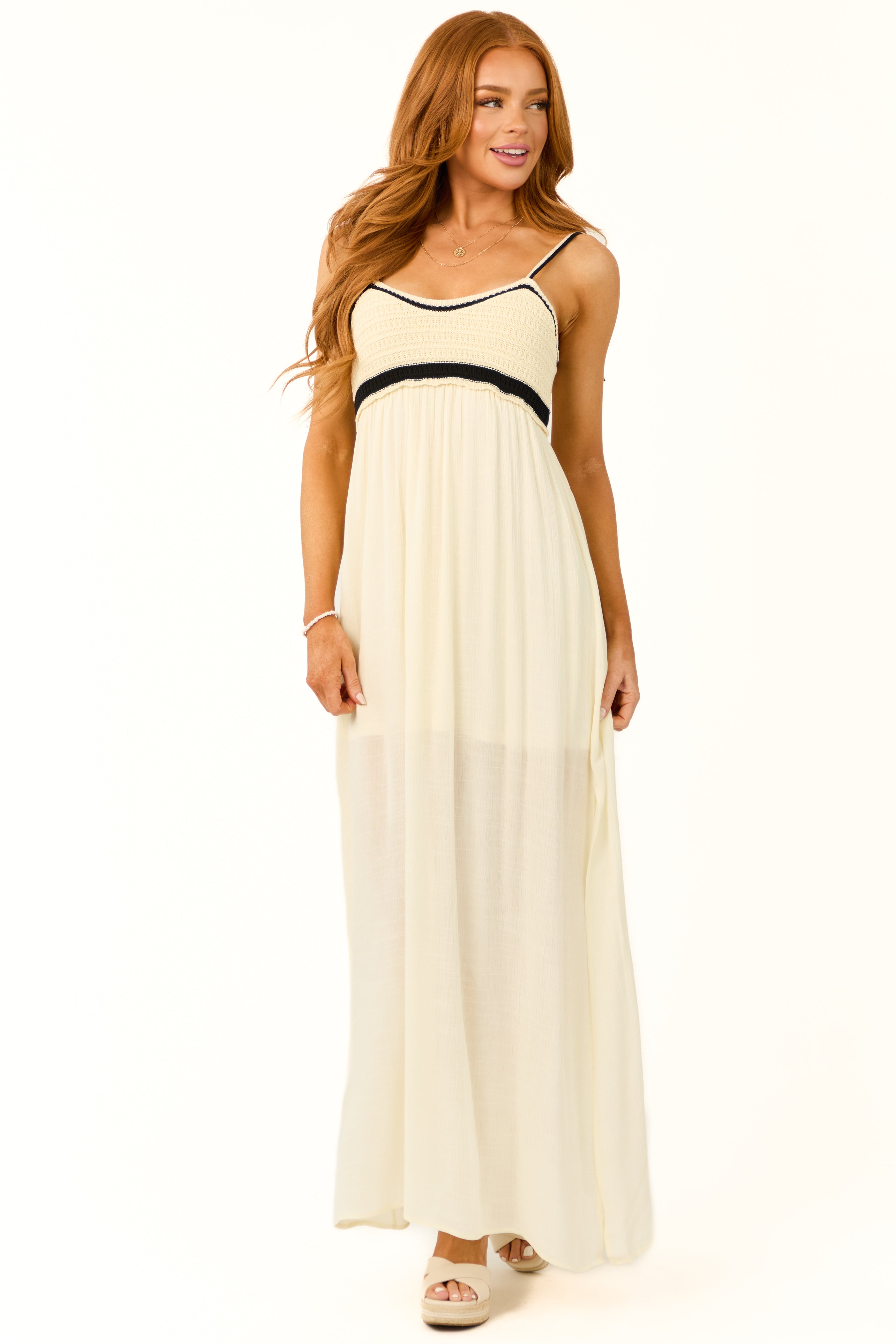 Cream Crochet Bodice Empire Waist Maxi Dress