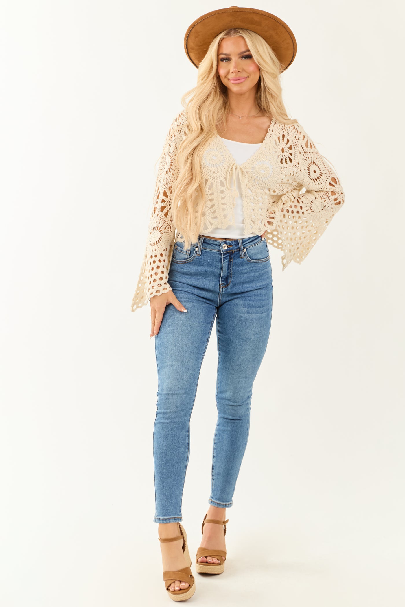 Cream Crochet Deep V Tie Front Cardigan