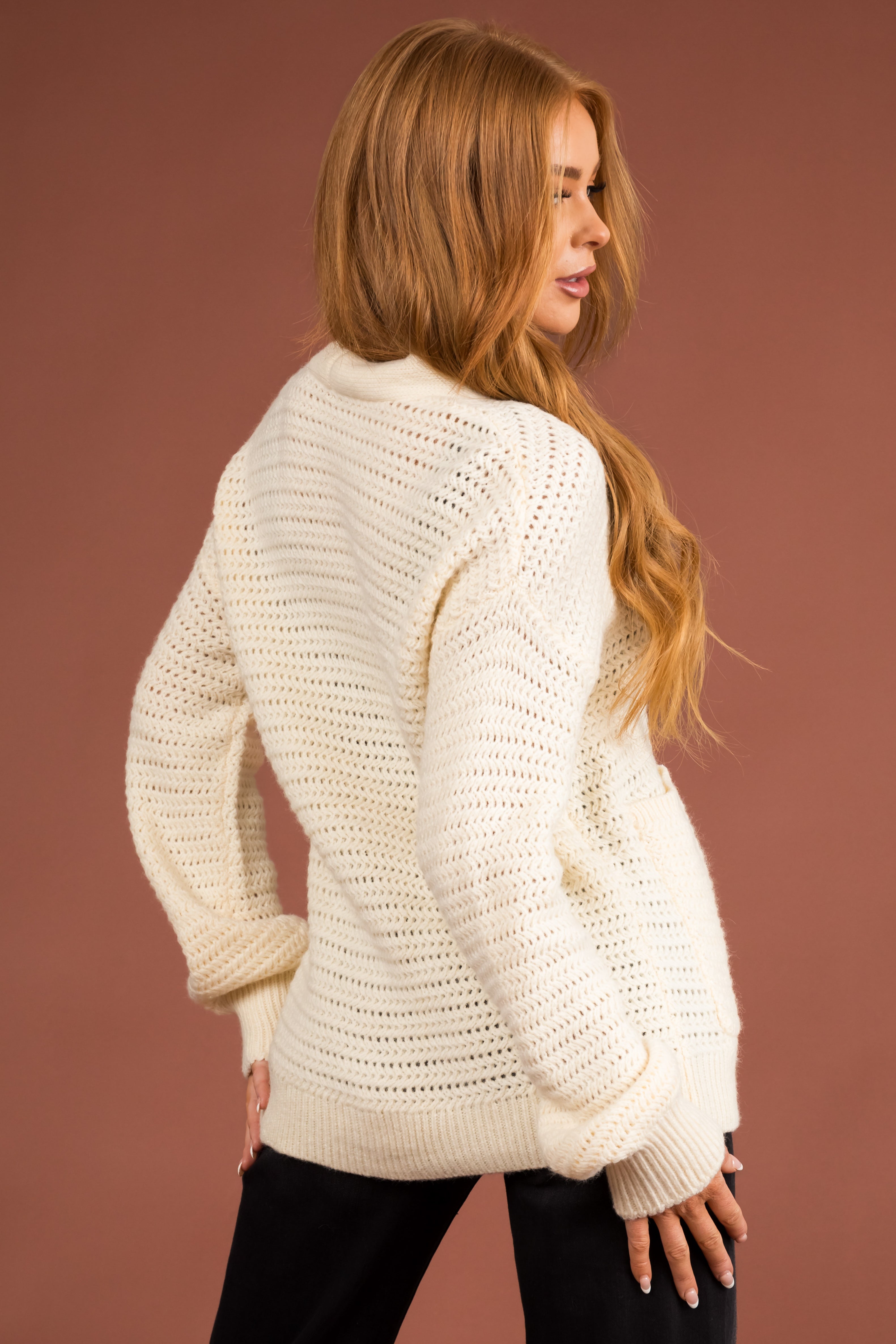 Cream Crochet Knit Button Up Cardigan