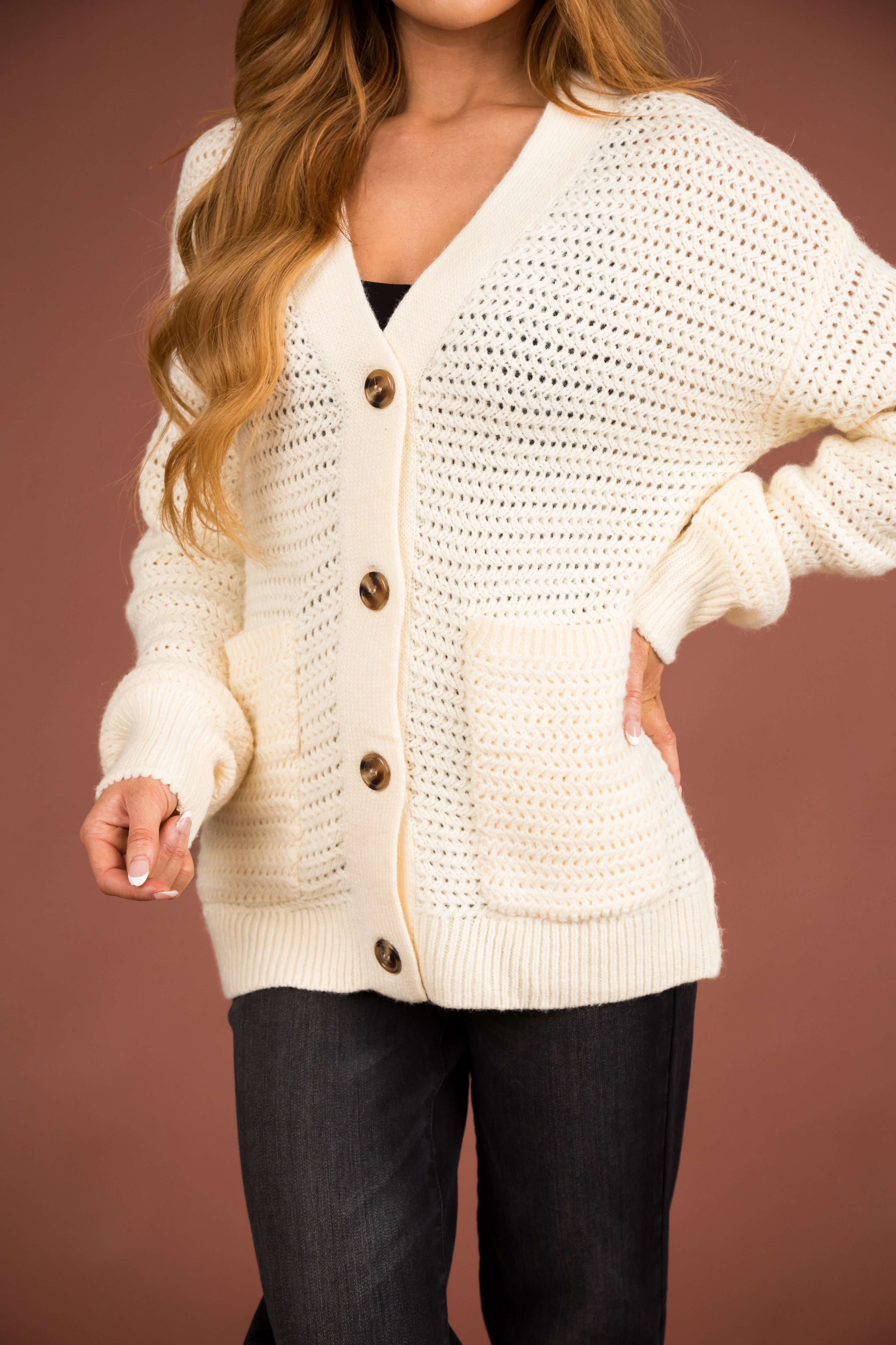 Cream Crochet Knit Button Up Cardigan