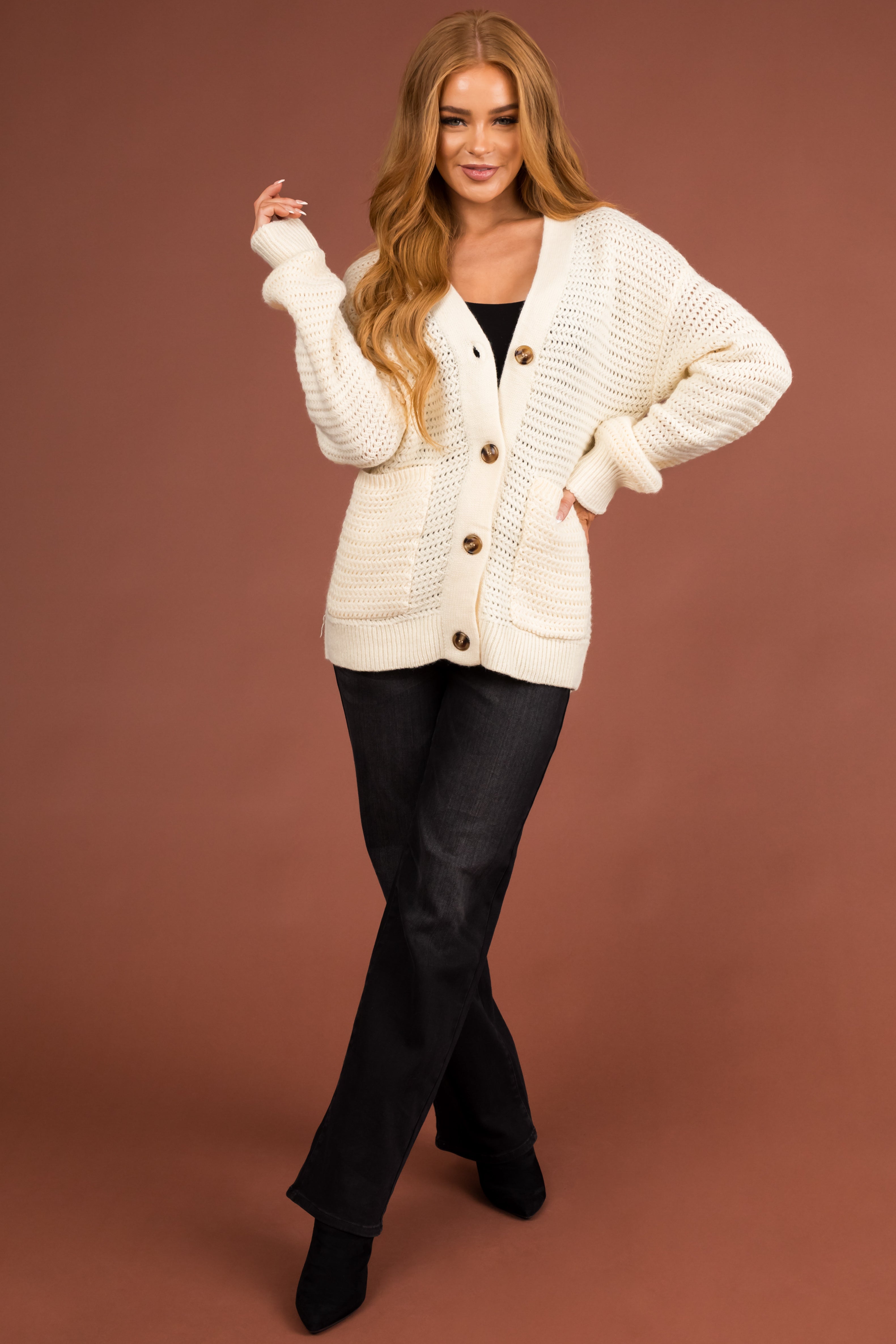 Cream Crochet Knit Button Up Cardigan