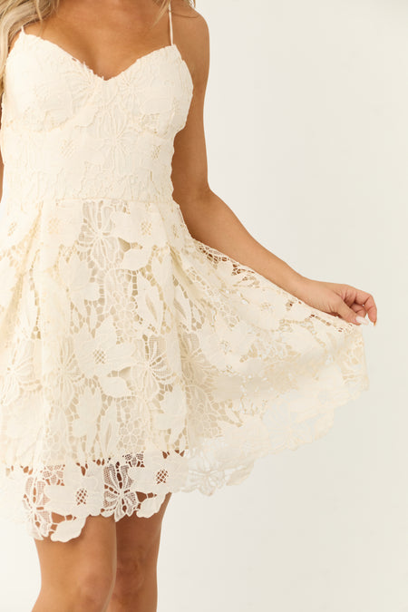 Cream Crochet Lace Sleeveless V Neck Mini Dress