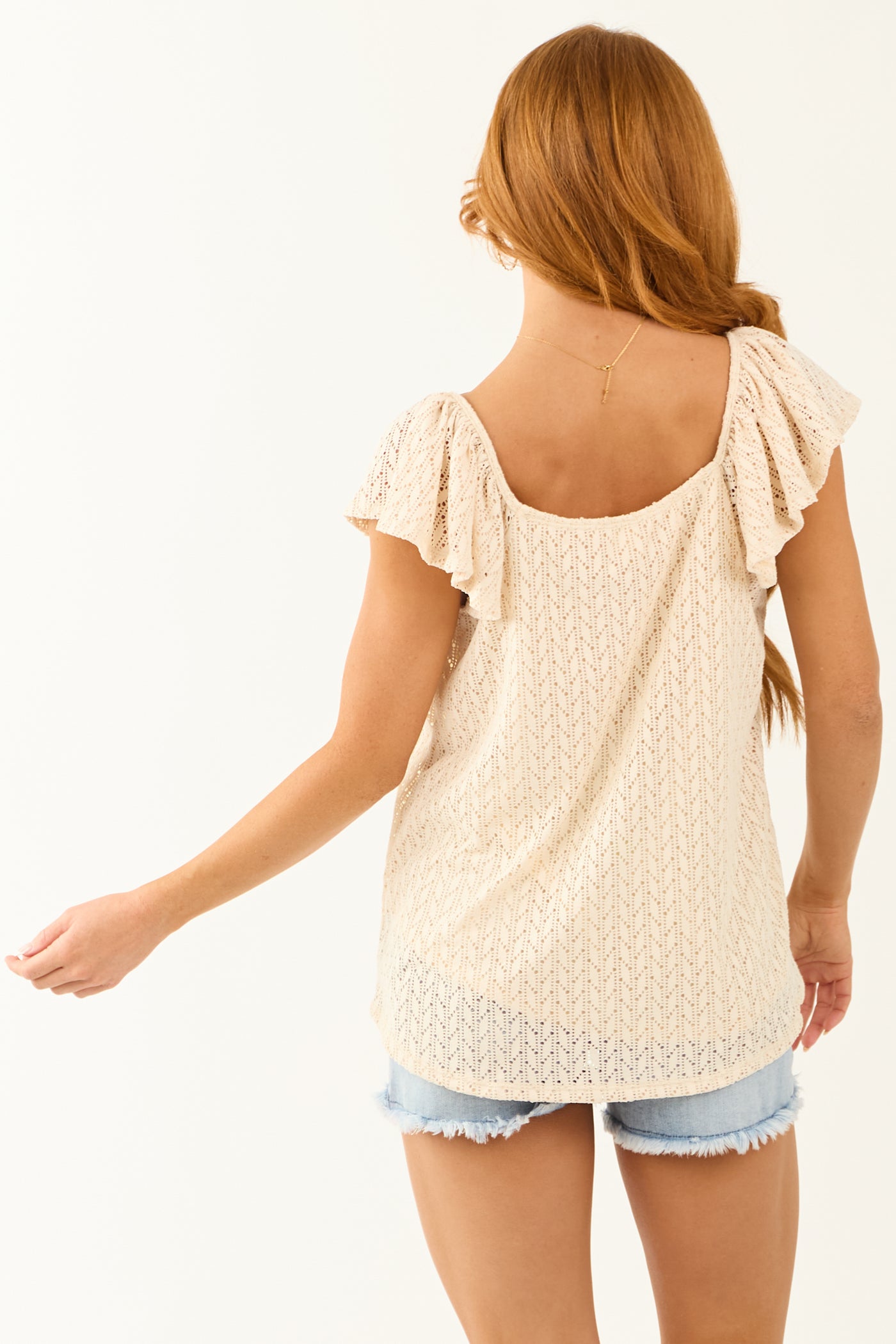 Cream Crochet Pointelle Short Flutter Sleeve Top