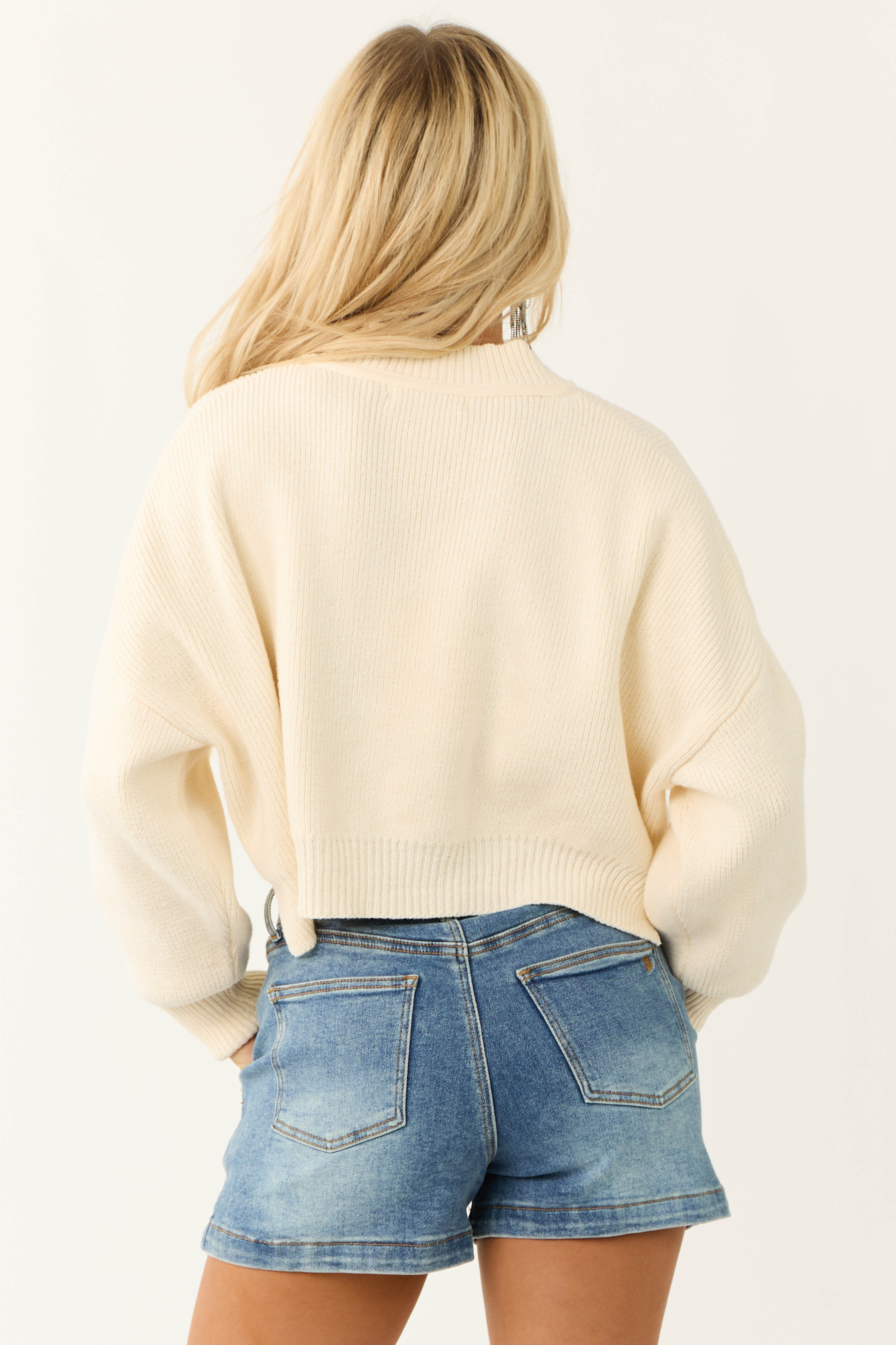 Cream Cropped Puff Long Sleeve Knit Sweater