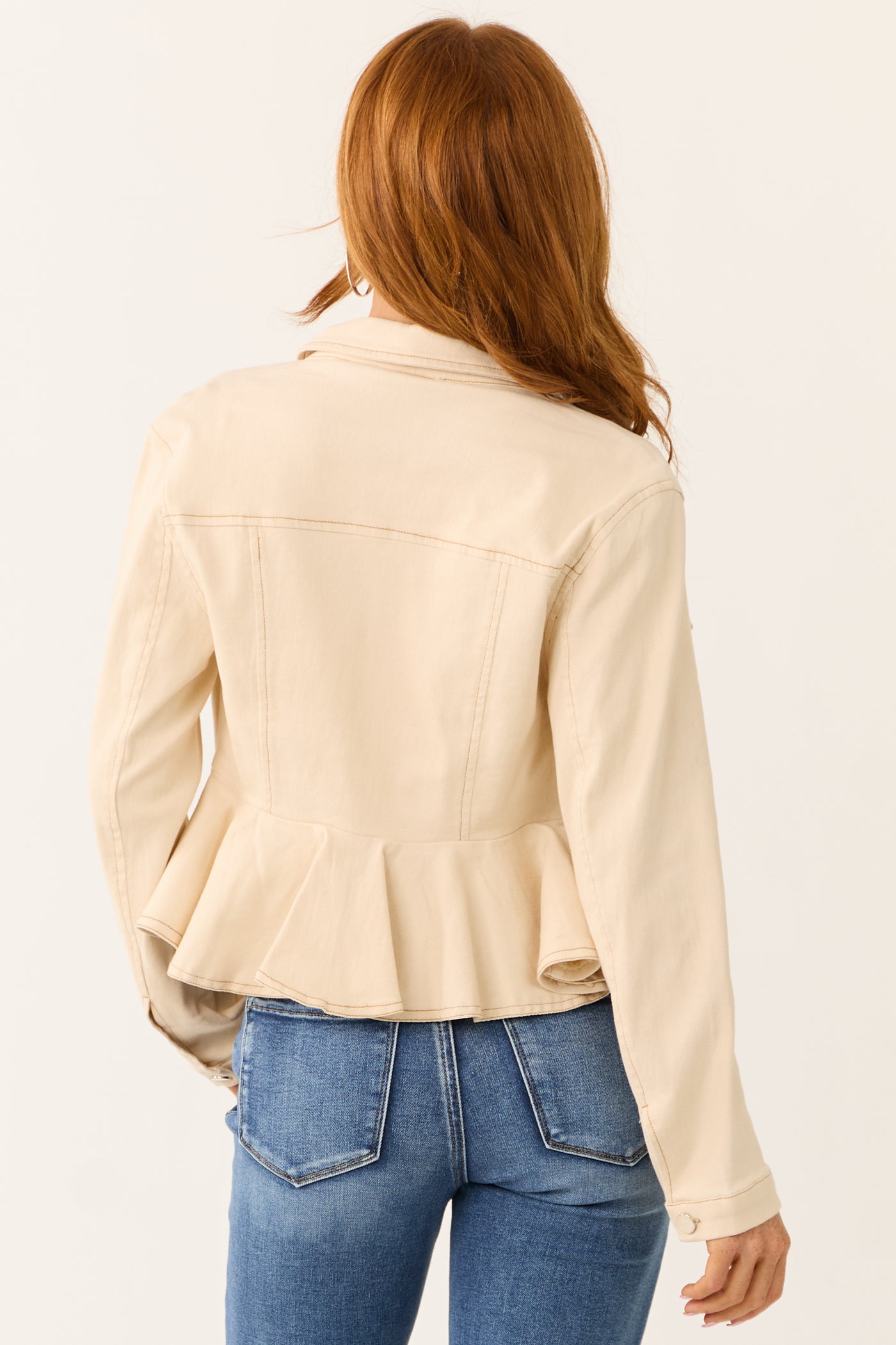 Cream Denim Button Up Collared Peplum Jacket