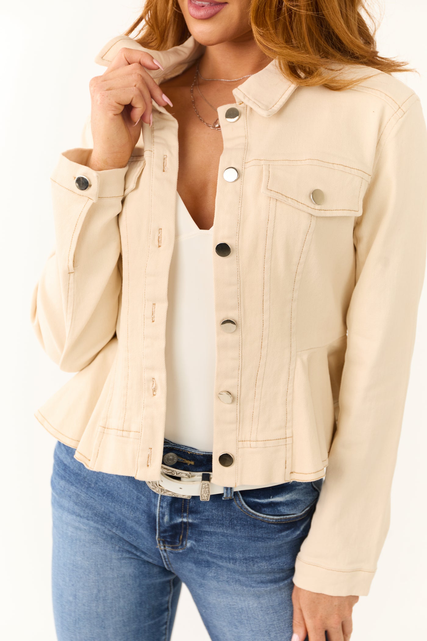 Cream Denim Button Up Collared Peplum Jacket