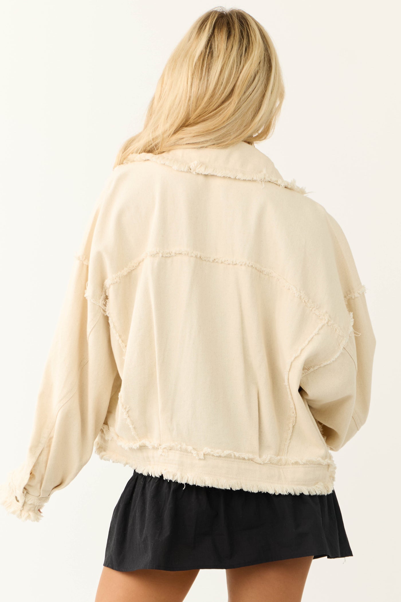 Cream Denim Frayed Button Down Collared Jacket