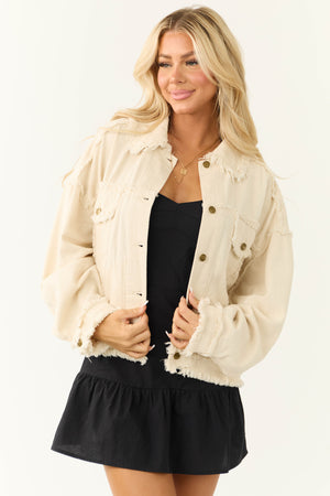 Cream Denim Frayed Button Down Collared Jacket