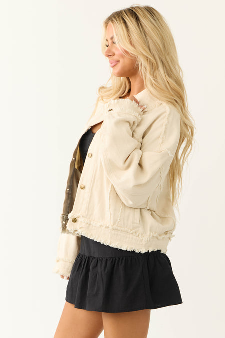 Cream Denim Frayed Button Down Collared Jacket