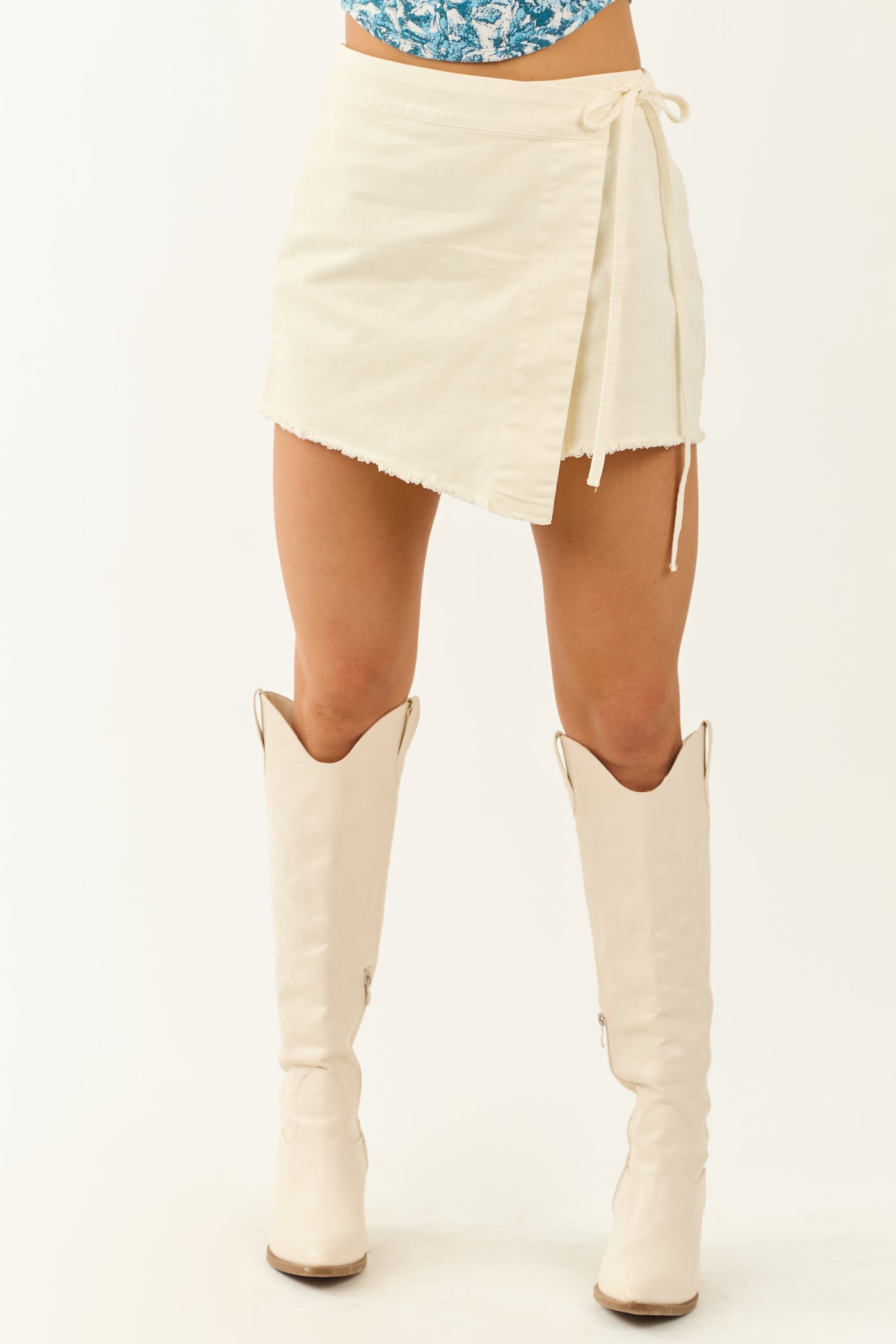 Cream Denim Side Tie Overlay Frayed Hem Skort