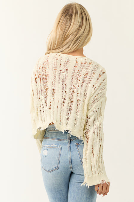 Cream Distressed Cropped Sweater